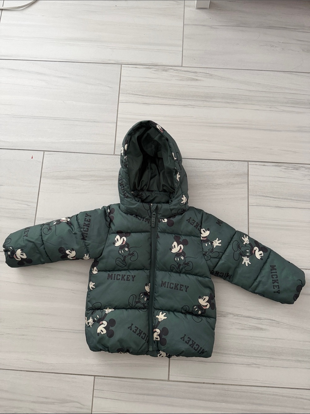 Mickey Mouse Green Puffer Jacket with Hood H & M 2T